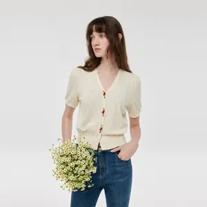 Tencel-Silk Blend Floral Embroidered Women Knit Top Fit Clothes Knitwear Flat