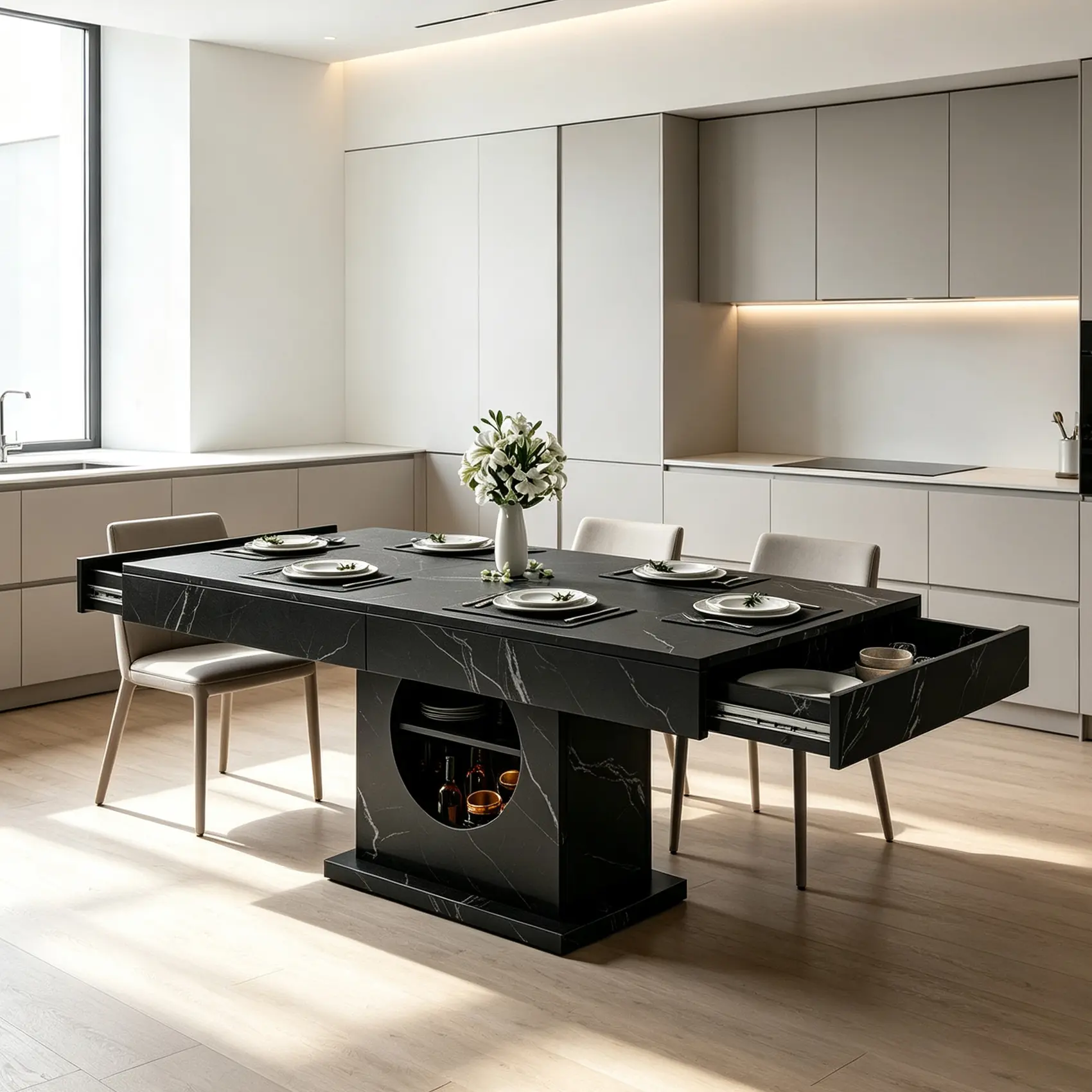 Large Black Rectangular Marble Dining Table with Storage Drawers - Modern Elegant Indoor Furniture for Contemporary Kitchens, Rectangular & Large Marble Dining Room Pieces, Large Marble Dining Room Furniture, Rectangular Dining Room Furniture