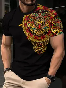Abstract Print Casual Men's Short Sleeve Top, Fitted Long Clothing, Animal Pattern, All Seasons Wear, Streetwear Trendy Fashion