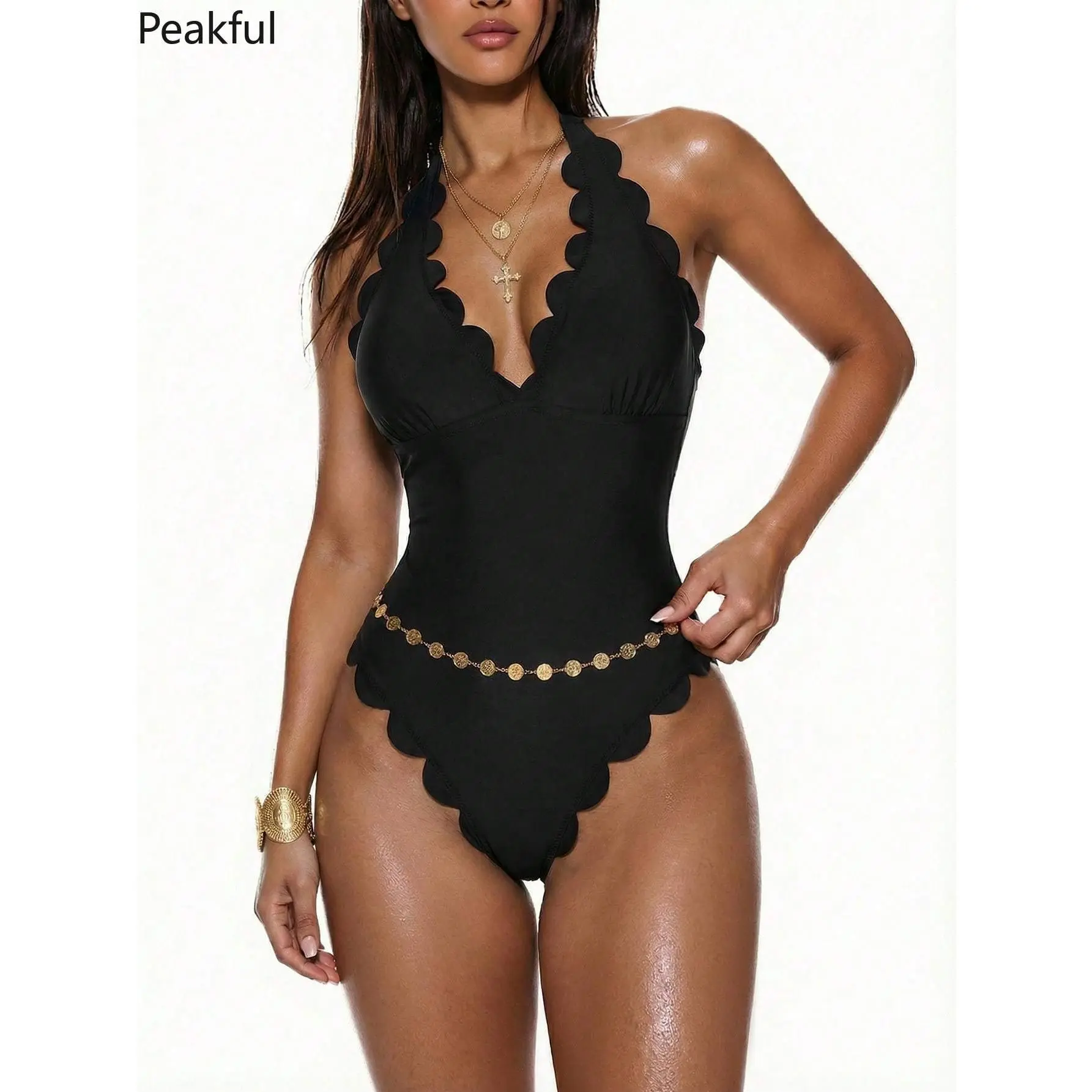Solid Color Sexy Halter One-Piece Swimsuit for Women Arched Cut for a Flattering Fit Ideal Swimwear for Beach, Pool, & Summer Vacation Style