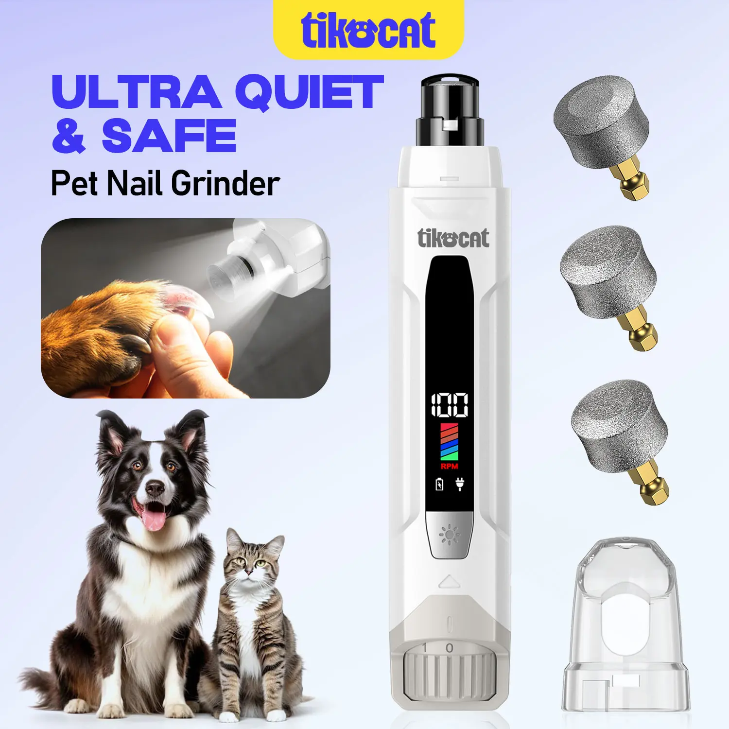 【Creator Picks】TIKOCAT Dog Nail Grinder Safe Toenail Trimmer - Ultra-Low Noise Motor, USB Rechargeable, 6 Speeds LED Light, 3 Diamond Bits, Easy Nail Care for Dogs Cats sohochic