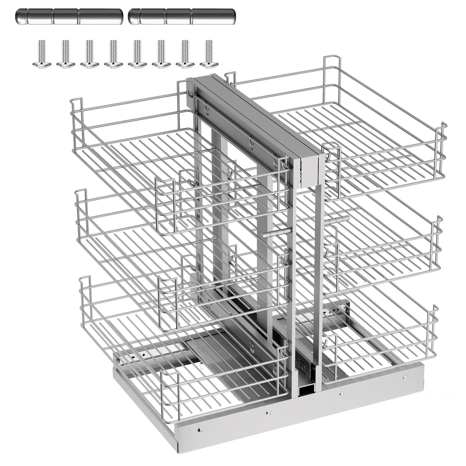 Slide-Out Pull Blind Corner Organizer, Fits 36-Inch Corner Cabinets with Min 23.6" Open, 3-Tier Chrome Finish Storage Rack with 6 Baskets for Kitchen Dishes & Cookware (Silver), Basket, Cabinet Fits