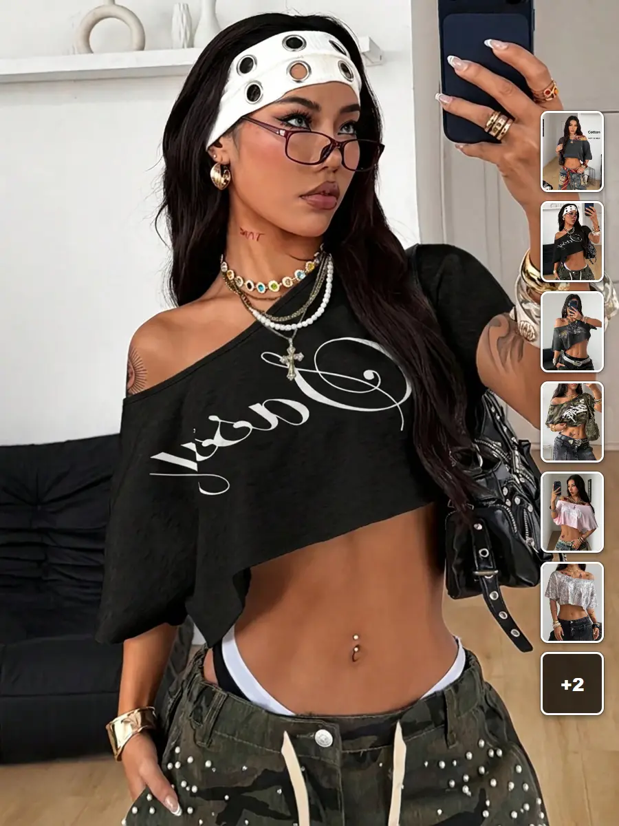 Metallic Crop Top Off Shoulder Slouchy Baggy Y2K Streetwear Summer Outfit