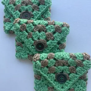 Crocheted Card Wallet - Green and Brown Design with Button for Secure Storage