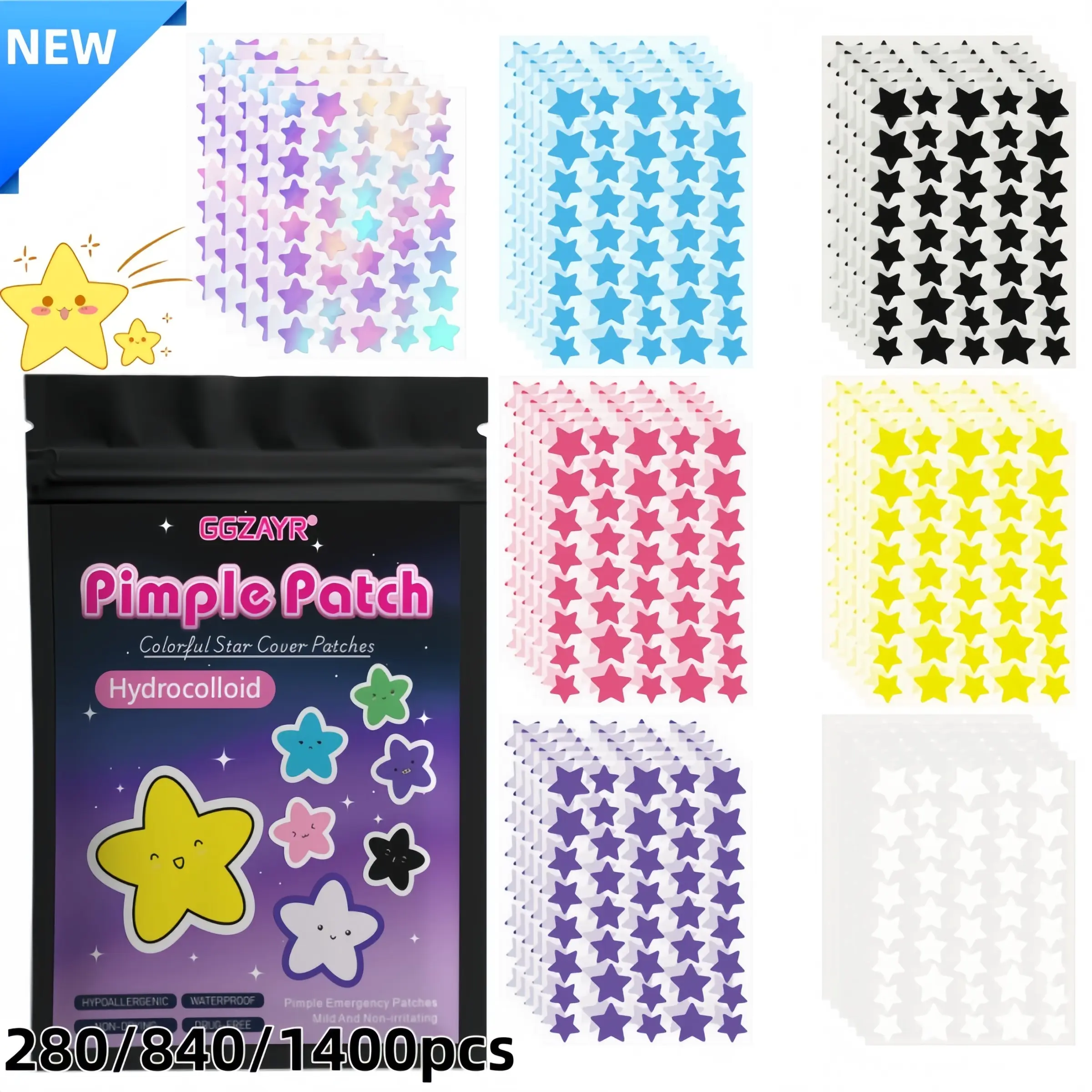280/840/1400pcs 7 Color Stars Acne Pimple Patches, Two Size Options, High-Quality Acne Spot Treatment Decorative Concealer for Blemishes, Acne Marks with Effective Coverage, Lightweight Comfortable Breathable, Daily Gentle Skincare