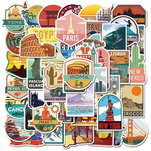 Travel Series Sticker, 50pcs/set Waterproof Self Adhesive Decor Paper, Decor Sticker for Gift Greeting Card Water Bottle Laptop Phone