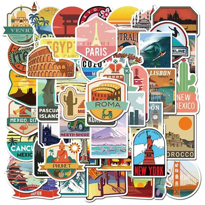 Travel Series Sticker, 50pcs/set Waterproof Self Adhesive Decor Paper, Decor Sticker for Gift Greeting Card Water Bottle Laptop Phone, Scene Stickers, Scrapbooking, Decoration Sticker, Crafts