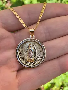 Round Virgin Mary Pendant Virgen de Guadalupe Necklace Our Lady of Guadalupe Charm Chain for Womens Anniversary Gifts for Womens Girls Birthday