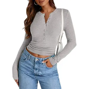 PrettyGarden Women's Fall Henley Crop Tops Ribbed Long Sleeve V Neck Button Up Slim Fitted Basic Casual T Shirts Tee Blouse Comfort Fabric