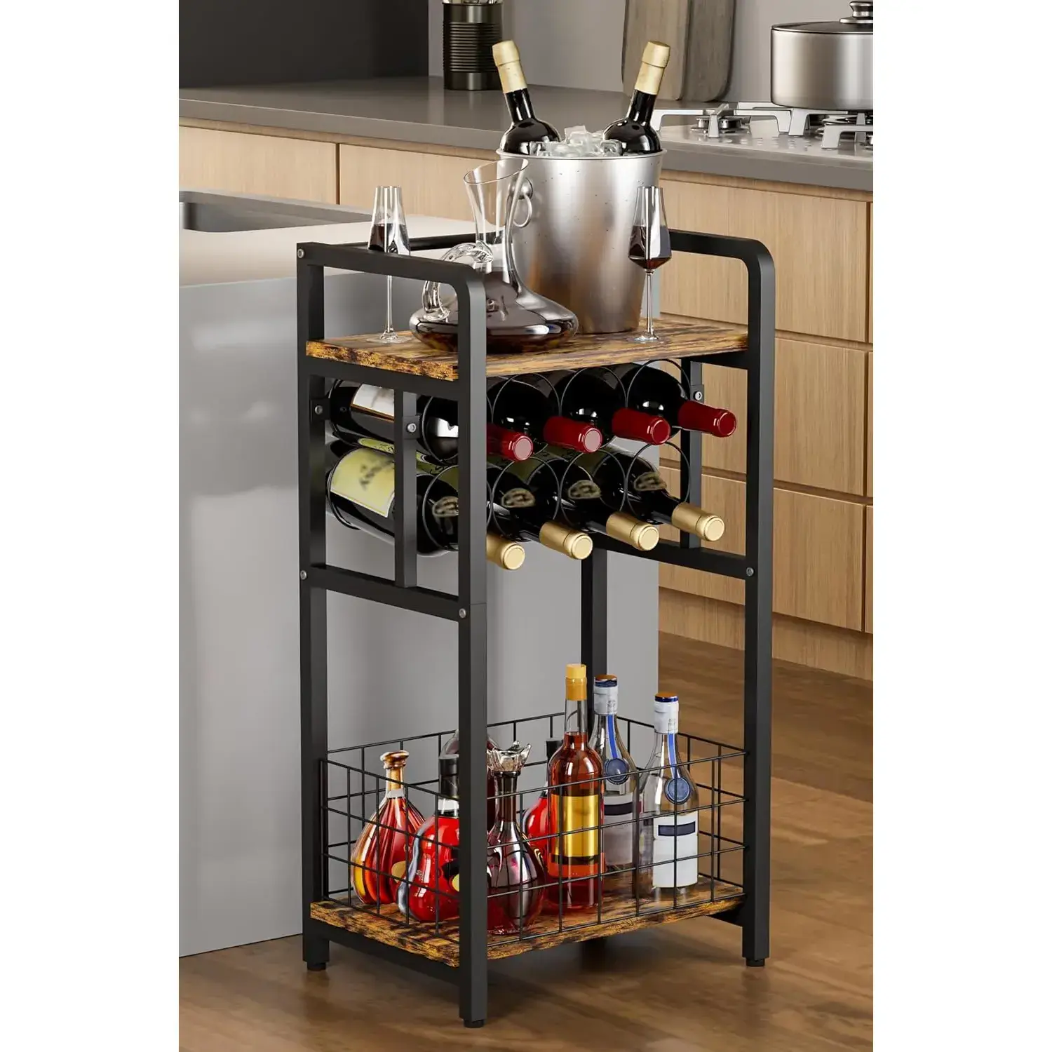 Black 3-Tier Vertical Stable Freestanding Wine Rack with Wood Top - Liquor Cabinet, Vintage Corner Mini Bar Table for Small Spaces, Metal Whiskey Shelf for Kitchen, Dining Room, 50 Pounds Per Layer