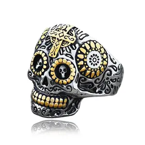 GTHIC Vintage Cross Stainless Steel Sugar Skull Ring for Men Women Gothic Mother's Day Gift Jewelry Size 5-16