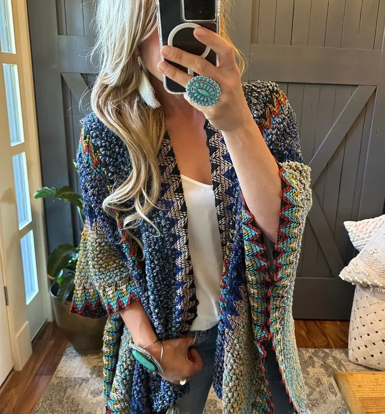 The Bohemian Loom Moroccan Knit Tasseled Handmade Poncho Cardigan Sweater by Lavender Tribe Design Crochet Blue ~ Women's Size Medium to XL
