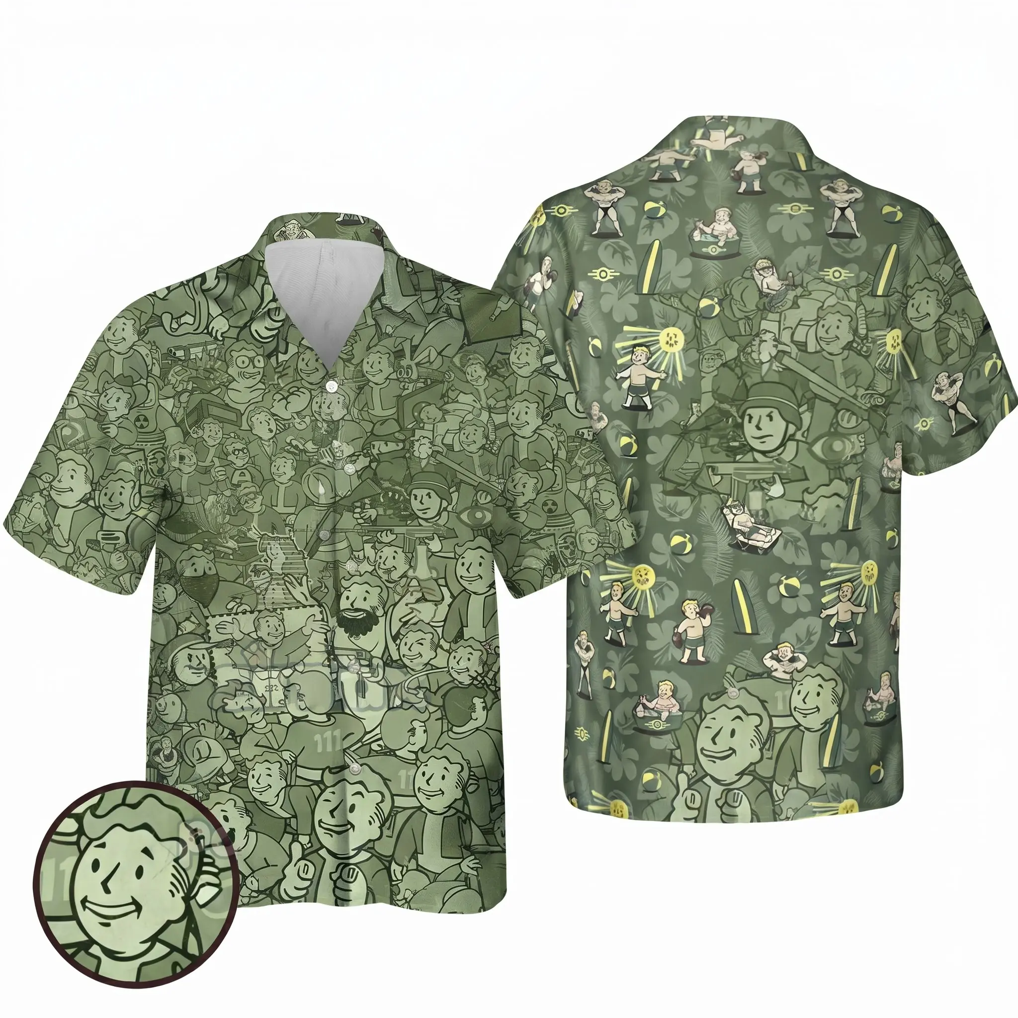 Fallout Vault Boy Hawaiian Shirt Men's Green Button Down Short Sleeve Retro Video Game Aloha Shirt Casual Summer Vacation Apparel Gamer Gift