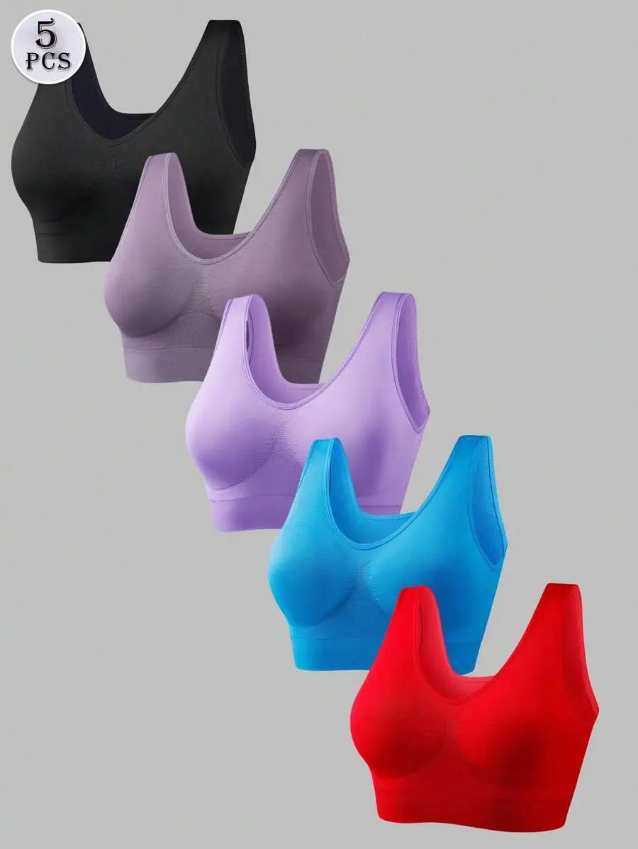 5pcs/Set Plus Size Sports Bras, Minimalist Design For Casual Everyday Wear, 5 Colors