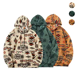 Winter Men's Sweatshirt National Style Pattern Design All Over Print Hooded Wool Coat With Pockets Warm Cotton Lining