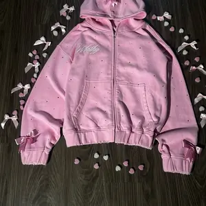"besos" New Pink Zip Up Hoodie with Embroidered Name and Bow Details for Women