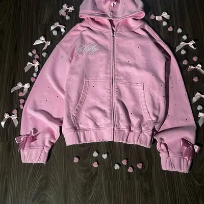 Sweat à Capuche Rose Clair Avec Fermeture éclair Et Couronne Strass Au Dos - Taille 6 - Occasion Très Bon état