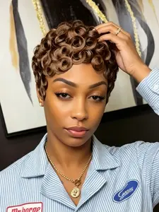 Machine Made 99J Glueless Pixie Wig - Short Curly Voluminous Human Hair - 6 Inch Layered with Bangs - Dark Brown Black Full Machine No Maintenance - Best Deal - Confidence and Style for Every Occasion