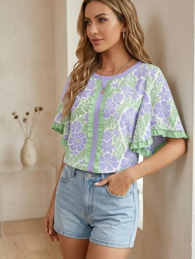 PHEFEE Women's Feminine Elegant Bohemian Viscose Blouse - Soft Shortsleeve Round Neck Piece with Ruffle Detailing, Lightweight Flowy Fabric, Boho Floral Print Summer Tunic for Beach, Denim Pairing, Elegance