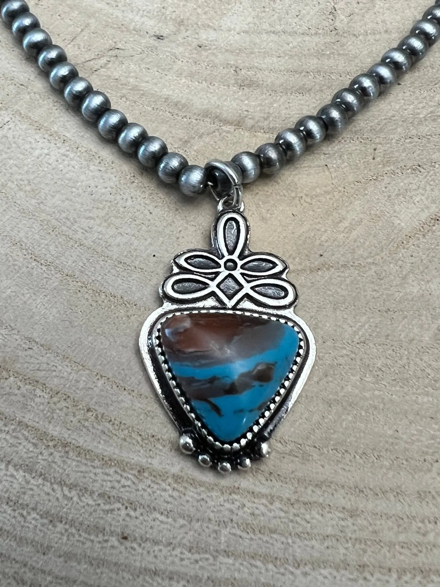 Western Boot Stitch Pendant Pearl Necklace with Faux Turquoise — 18 Inch