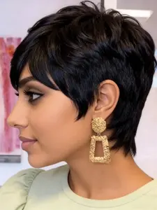 6 Inches Pixie Cut Wig, Short Bob Human Hair Wigs for Women, with Bangs, Full Machine Made, Layered Design, Straight Style
