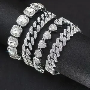 4pcs Bracelet Set for Women Girls Silvery Cluster Tennis Bracelet for Women Heart Shape Round Cuban Bracelet Layered Link Bracelet Set Fashion Jewelry Women Girls Gift Set