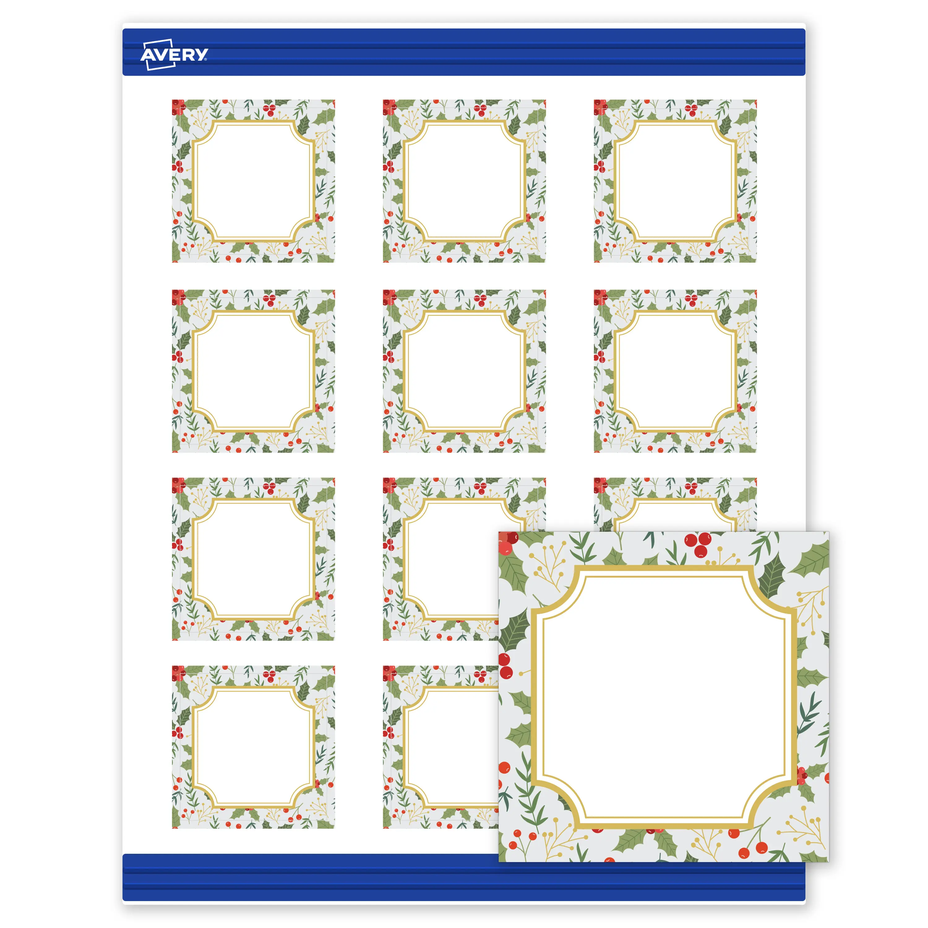 Avery® Printable Christmas Business Cards with Sure Feed® Technology, Square, 2" x 2", Pre-Printed Light Blue Border with Metallic Gold Frame Design, Matte White, Laser & Inkjet Compatible, 120 Total
