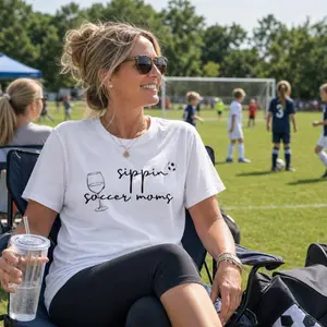 Sideline Wine Sipping, Cotton, Round Neck, Short-Sleeve, Casual T-Shirt, Breathable, soccer, soccer mom