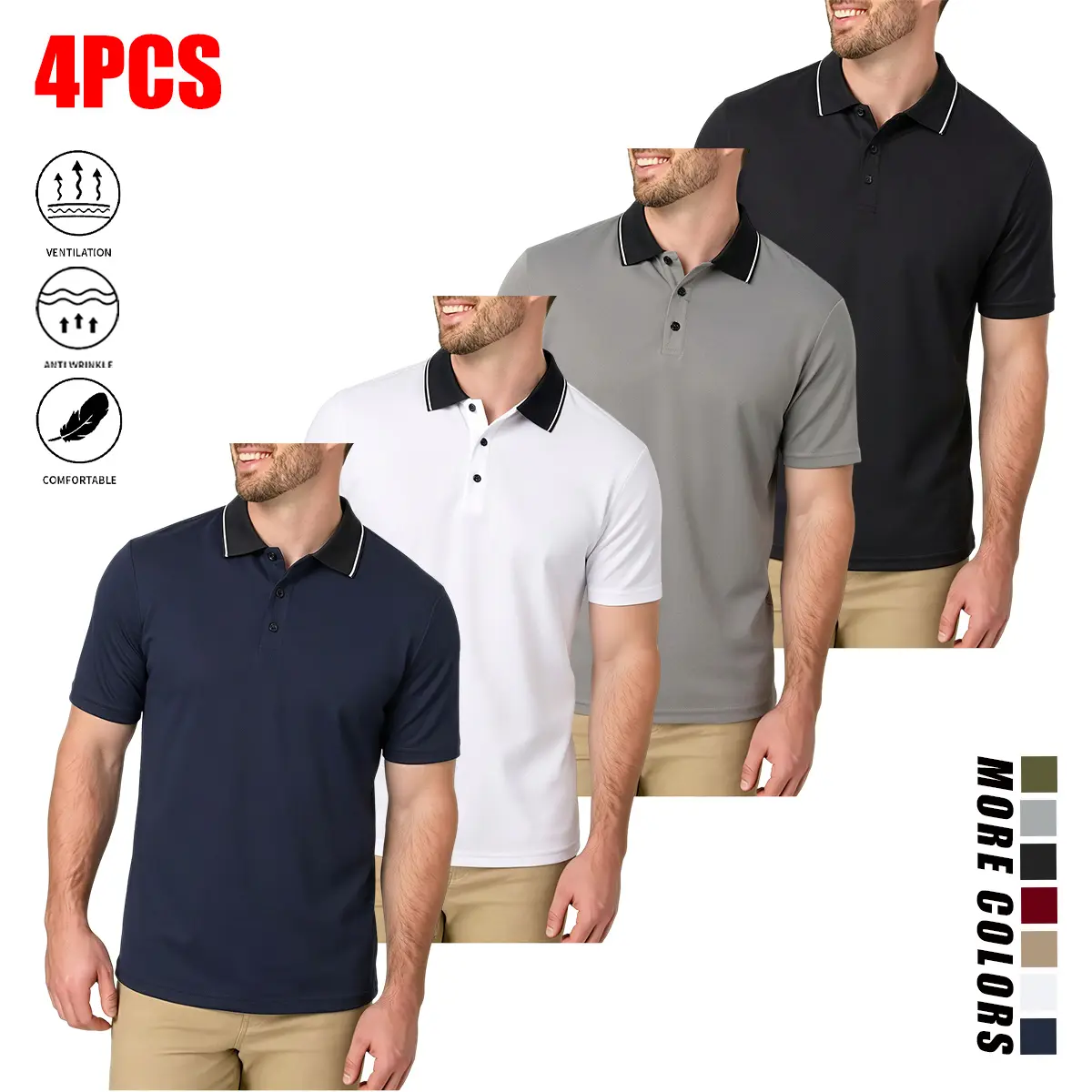 4 Pack Plain Shortsleeve Menswear Polo Shirts, Contrast Collar Piqué Mesh Polyester Fabric Tops, Quick Dry Moisture Wicking Slim Fit Tropical Beige Tees for Business, Tennis, Golf & Daily Casual Outfits