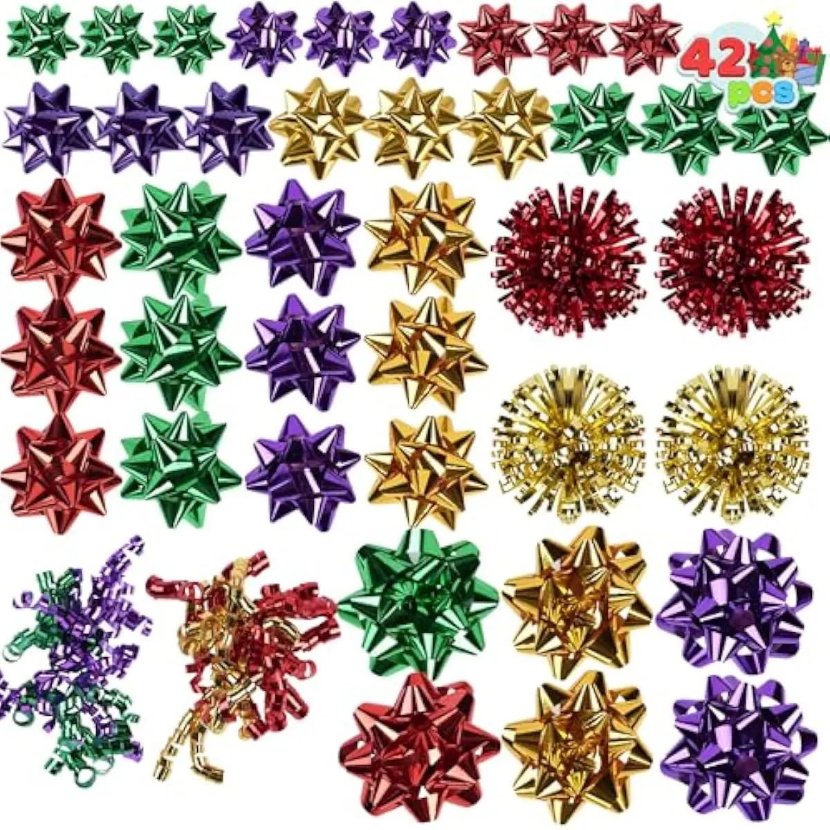 42PCS Gift Bows Assortment with 36 Multi-Colored Size Self Adhesive Christmas Bows for Gift Wrapping, 4 Tinsel and 2 Curly for Birthday Wedding Holiday Presents Wrap Decoration