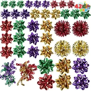 42PCS Gift Bows Assortment with 36 Multi-Colored Size Self Adhesive Christmas Bows for Gift Wrapping, 4 Tinsel and 2 Curly for Birthday Wedding Holiday Presents Wrap Decoration