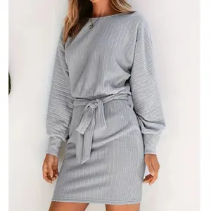 Women's Grey Solid Color Crew Neck Long Sleeved Waist Loose Fitting Plus Size Dress, Spring, Autumn, And Winter Womenswear S-2XL
