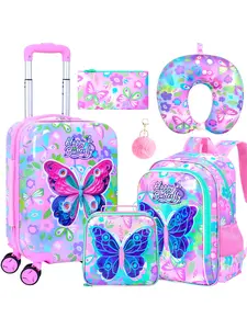 5Pcs Kids Luggage Set, 16.5" Girls Travel Suitcase with Spinner Wheels, Butterfly Hardside Carry on Toddler Rolling Suitcase Airline Approved (Pink), Cute Backpack, Backpack For School