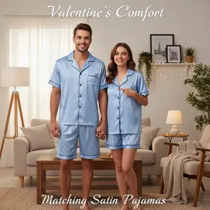 Couple Matching Light Blue Satin Pajama Set - Valentine's Style Short-Sleeve Sleepwear, Silky Smooth Fabric with Contrast Trim, Ideal for Couple Lounge, Home Relaxation & Romantic Nights