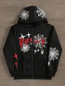 Men's Loose Fit Graphic Letter Spider Print Hoodie, Full Zipper Casual Fleece Pullover, Gothic Style Fall & Winter Sweatshirt
