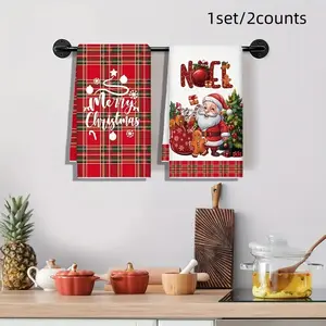 Set of 2 Christmas Holiday Kitchen Cleaning Towels, Santa & Gingerbread Design, Quick-Dry Absorbent Microfiber, Plaid Festive Decor Tea Towels