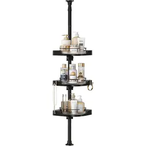 Corner Shower  Tension Pole, 3 Tiers Rotating Shower Organizer for Bathroom Shelf Bathtub, Adjustable Standing Shower Rack Bathroom Accessories, Easily Assemble, 34-124 Inch HeightBlack