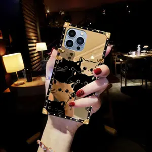 Cute Black Cat Mirror Phone Case for Women, Soft Square Studded Shockproof Protective Cover