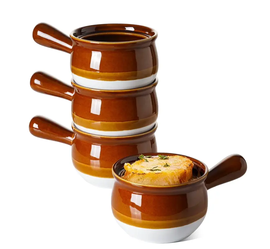 22oz Onion Soup Bowls Set of 4, Ceramic Soup Crocks with Handles, Oven Safe Stoneware Bowls