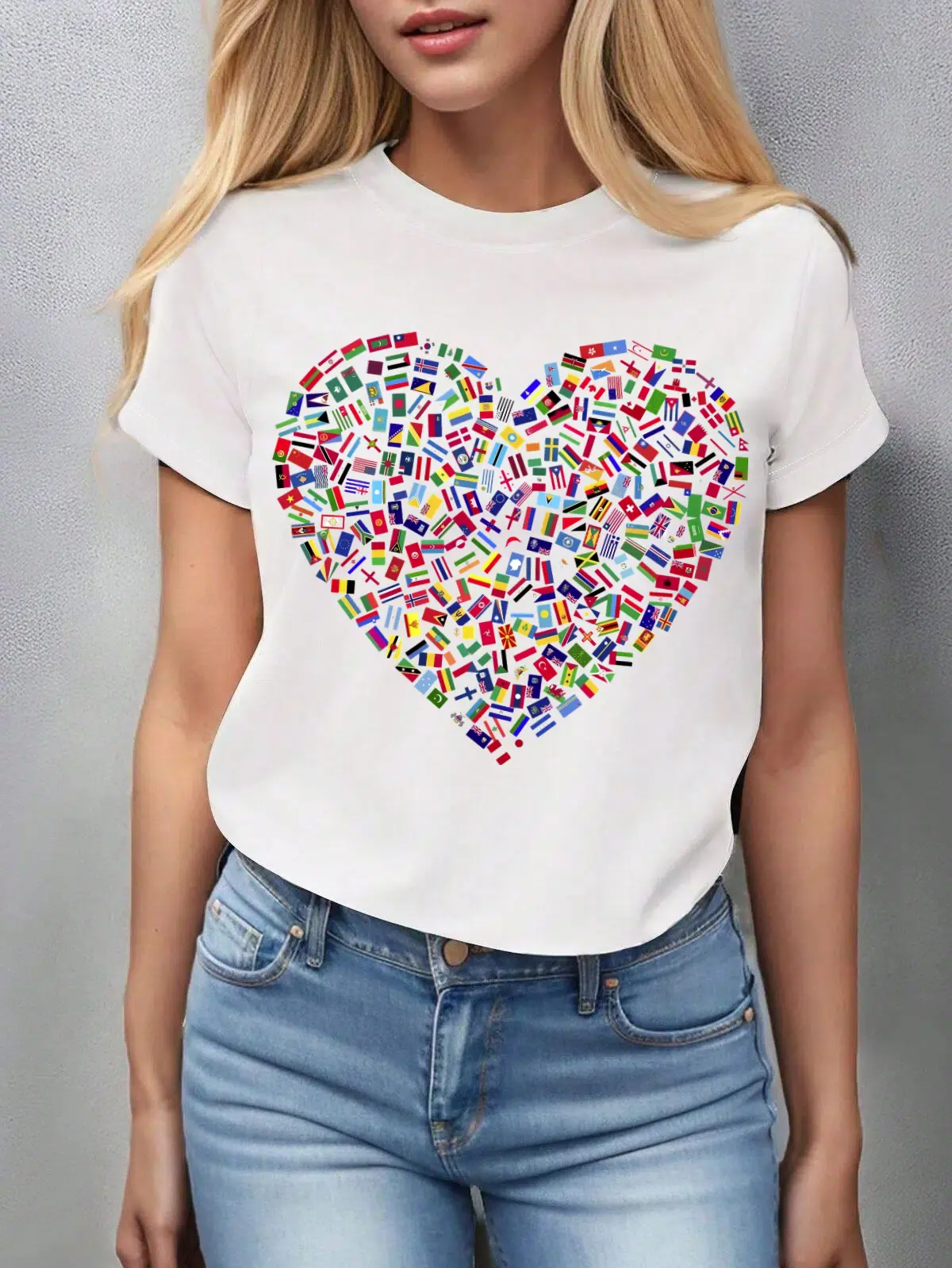 Peaceful World Flag&Heart Print Cozy Cotton Basic  White Tee Peace Shirt,World Thirts,women's tee, peace on earth t, gift for her