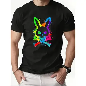 100% cotton Men'S Skull Rabbit Graphic T-Shirt - Featuring a Vibrant Color Block Design, This Short-Sleeve Round-Neck Top Is Perfect for Summer Casual Wear. It Is Machine Washable, Made from Opaque Fabric, And Embodies Trendy Street Fashion with Durable