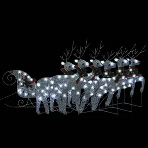 vidaXL Reindeer and Sleigh Christmas Decoration, Xmas Lighted Reindeer with 140 LEDs, Pre-Lit Christmas Lighting for Indoor Outdoor, Silver 3100431