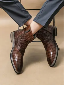 Men's Black Crocodile - Patterned Business Leather Boots, Luxury Business Style, Patent Leather Material, High - End Texture & Comfortable, Ideal for Business Commute & Formal Occasions, Footwear