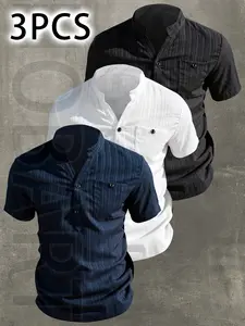 3Pcs Men's Summer V-Neck Short Sleeve Shirt - Lightweight Breathable Solid Color Button-Up Casual Shirt with Stand Collar, with pockets ,Machine Washable for Beach Vacation, Pool Party & Casual Attire, Beach Shirt, Suitable for casual wear