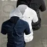 3Pcs Men's Summer V-Neck Short Sleeve Shirt - Lightweight Breathable, Basic Casual Solid Color Button-Up Casual Shirt with Stand Collar, with pockets, Machine Washable for Beach Vacation, Pool Party, Casual Attire & Casual Outings Shirt Summer Shirts