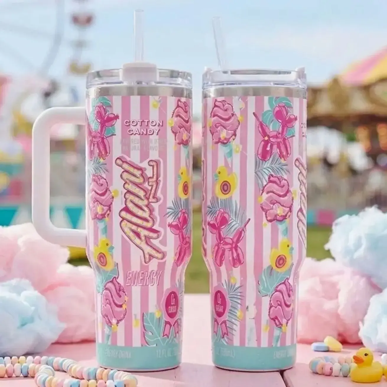 Alani Nu Inspired Travel Tumbler with Handle & Straw, 20oz/30oz/40oz Stainless Steel Vacuum Insulated Cup, Double Wall Reusable Mug for Hot & Cold Drinks