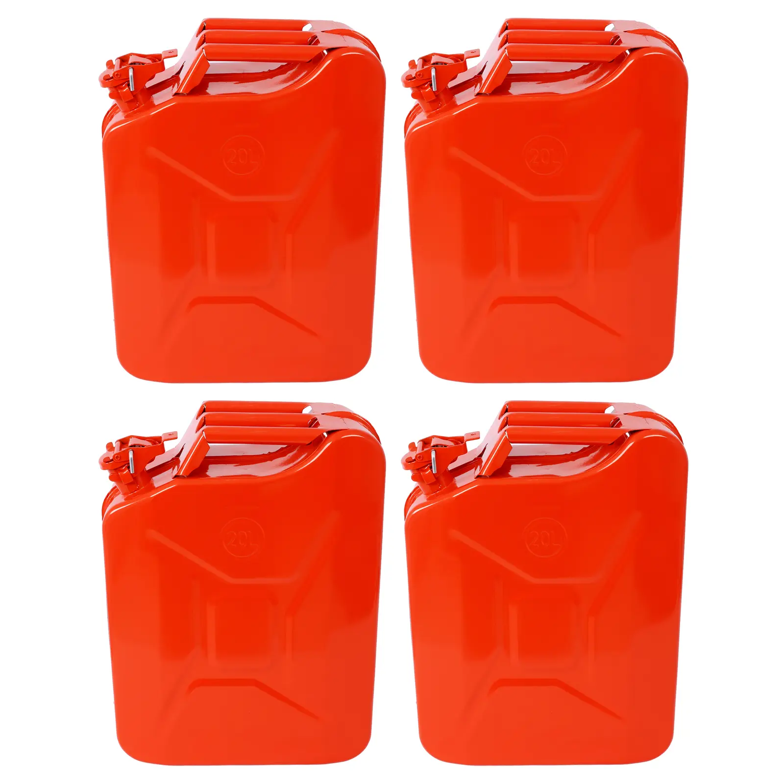 Red 4-Piece Cold-Rolled Steel Jerry Can Set (20L/5gal, 14x5.5x18in) - Flexible Spout, Extra Spout System, Protective Coatings, Locking Cover, Built-In Vent, Steel Plate, Welded Seal, Backup Fuel Tank for Car Maintenance Convenience, Fuel Backup