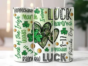 St Patricks Day 20oz Skinny Tumbler Sublimation, Green Shamrock Glitter Tumbler