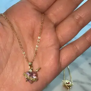 Pink Heart Necklace Valentine's Day Gift with Sword Charm Gold Chain Jewelry for Her