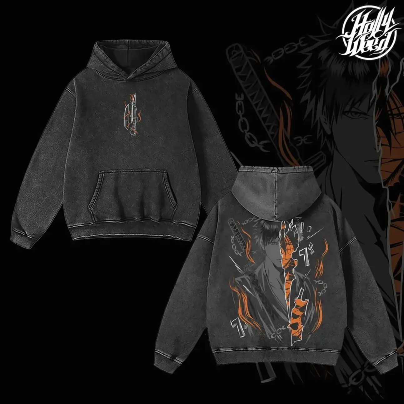Ichigo Kurosaki Oversized Vintage Washed Hoodie – Bleach Anime Graphic, Hollow Form Sweatshirt, Soft Cotton Casual Unisex Top, Retro Manga Apparel, Gift for Bleach Fans YFV